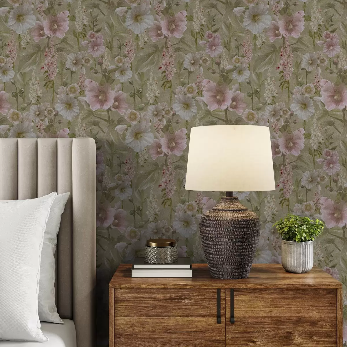 Wallpaper Romantic pink and white hollyhocks on muted green a00456