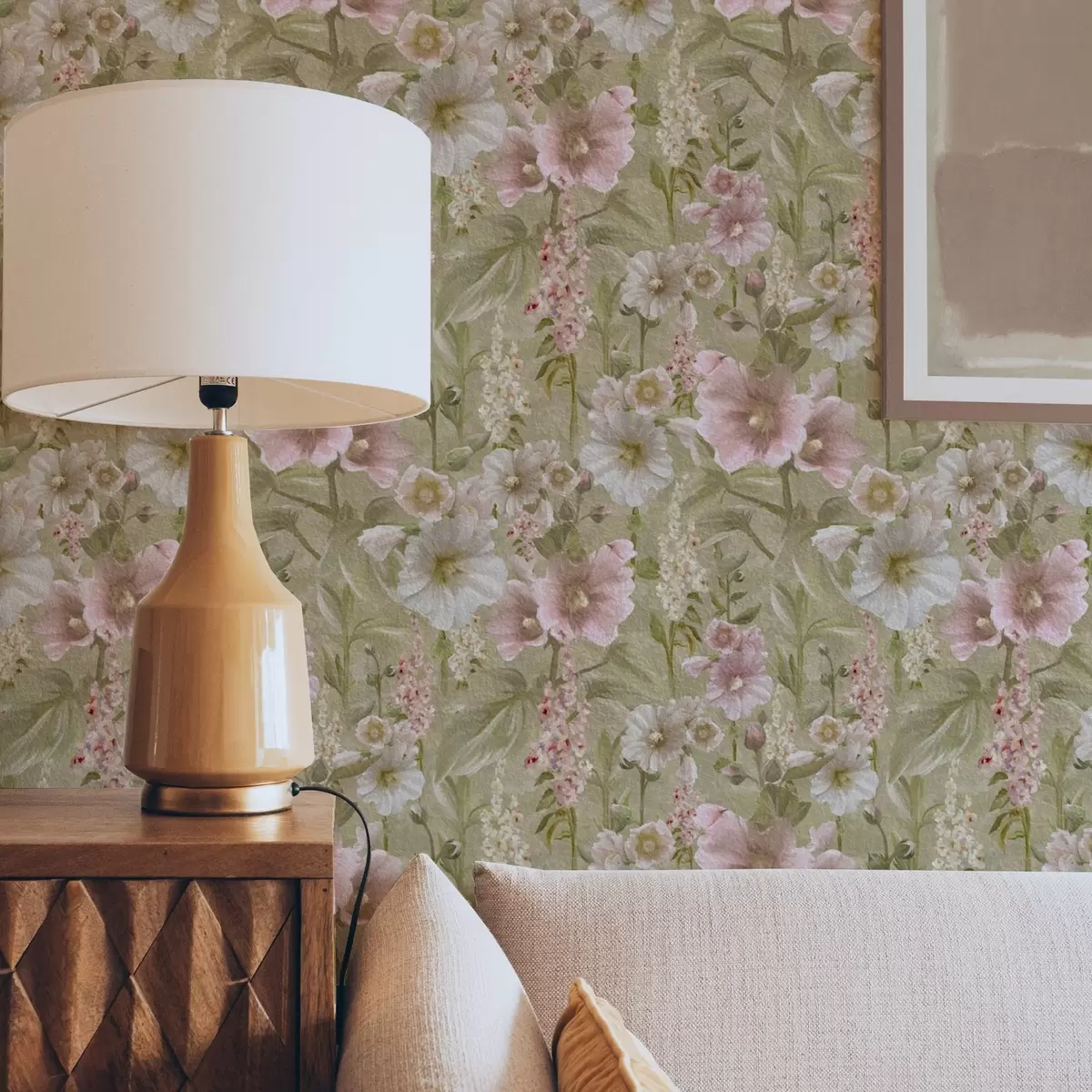 Wallpaper Romantic pink and white hollyhocks on muted green a00456