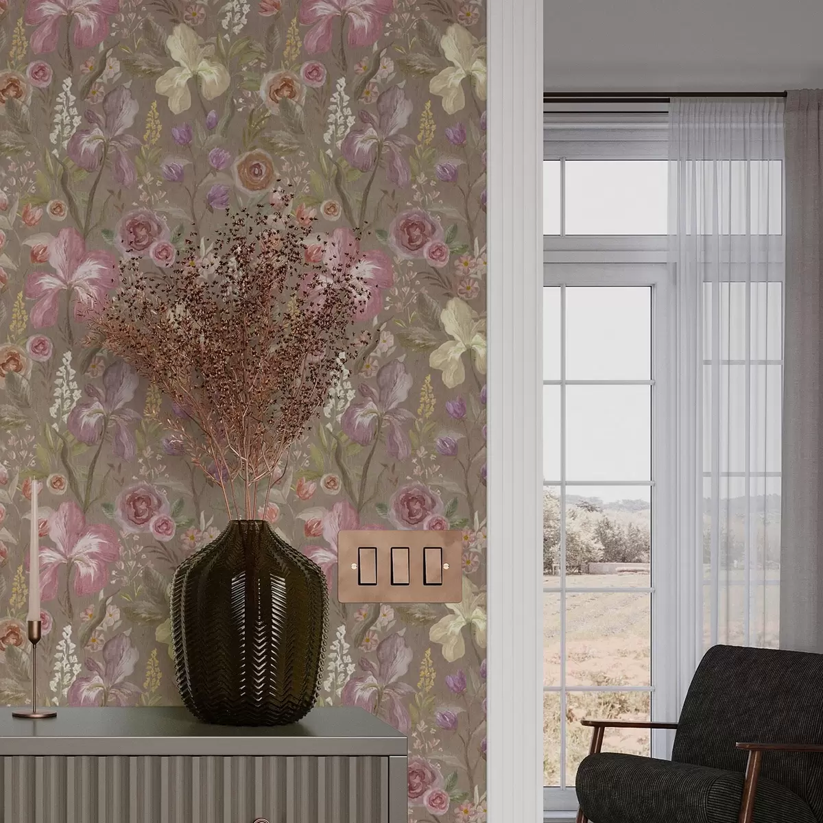 Wallpaper Vintage pink iris flower pattern on beige textured background a00457