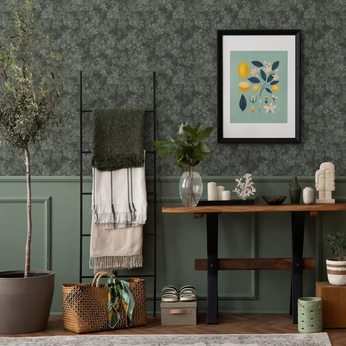 Wallpaper Dark texture of leaves with acorns in deep green a00461