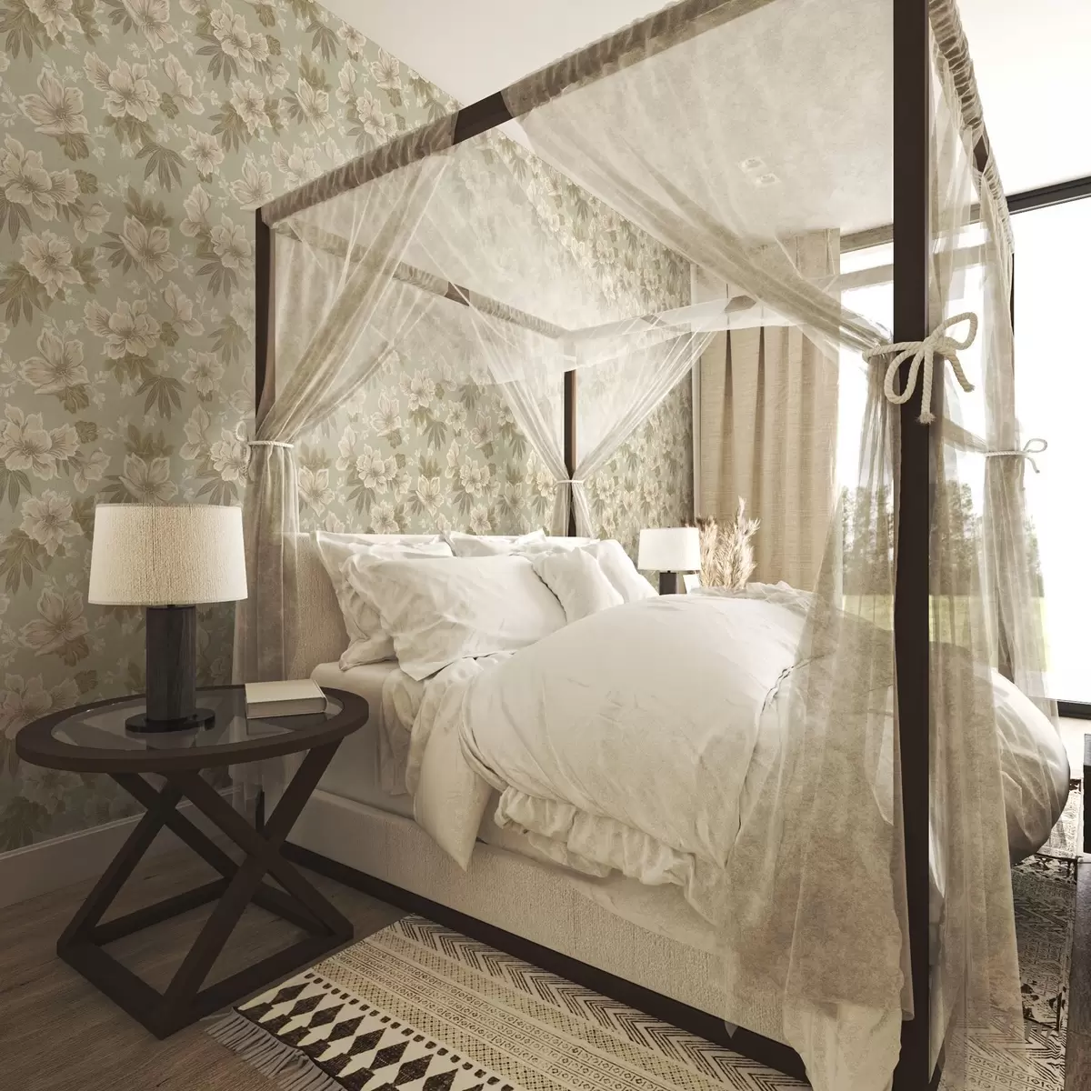 Wallpaper Cream flowers on an olive green background a00462