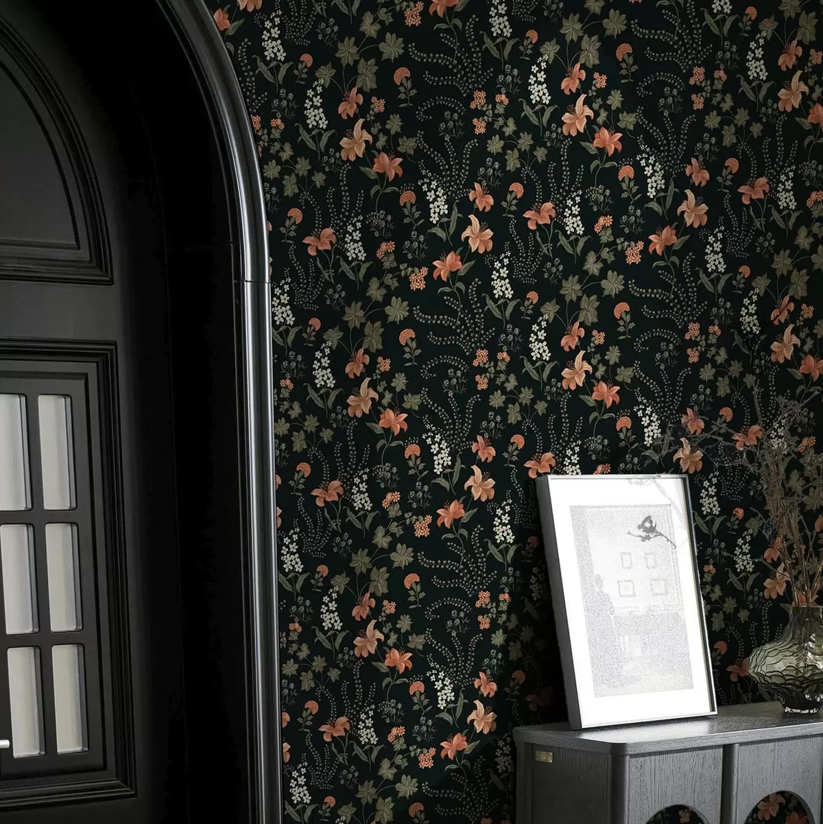 Wallpaper Orange lilies and small flowers on a black background a00463