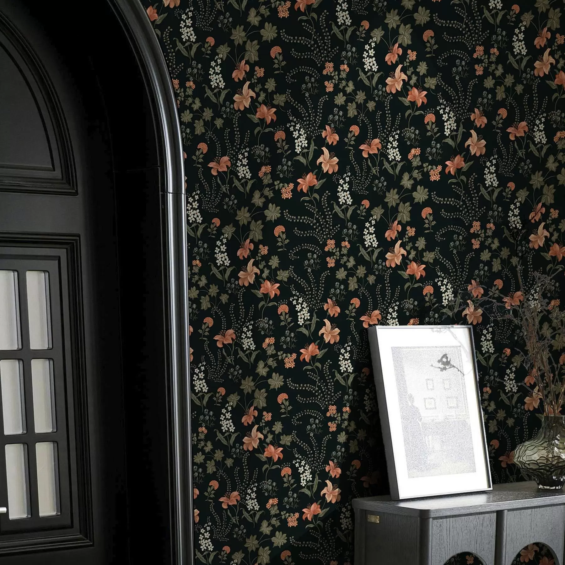 wall murals Orange lilies and small flowers on a black background a00463