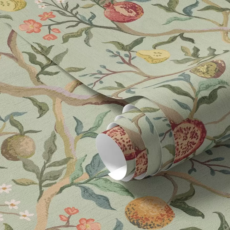 wall murals Pomegranate fruits, pears and flowers on a pale green background a00465