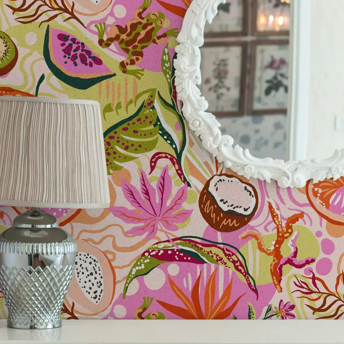 Wallpaper Exotic fruits, leaves and chameleons in a tropical style a00469