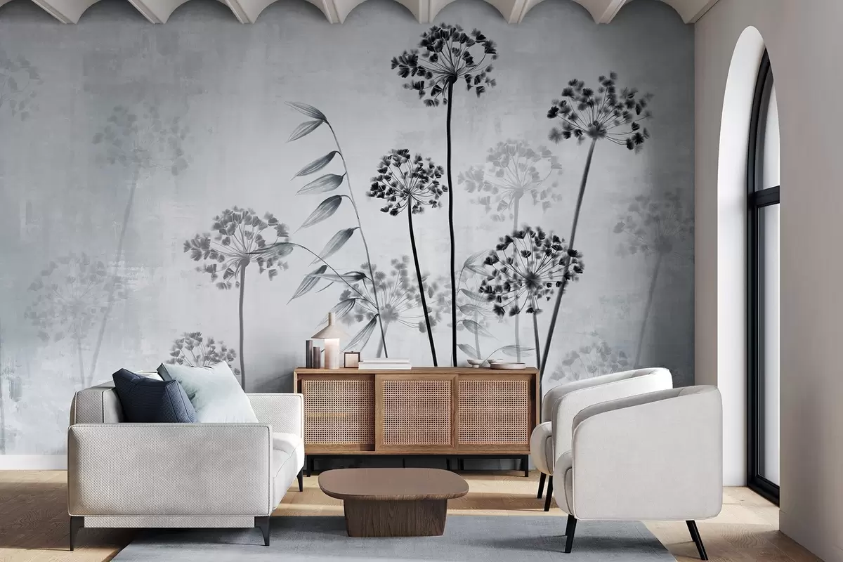 wall murals Dried flowers drawing with long stems, monochrome palette, against a textured, light gray background, botanical illustration w09314