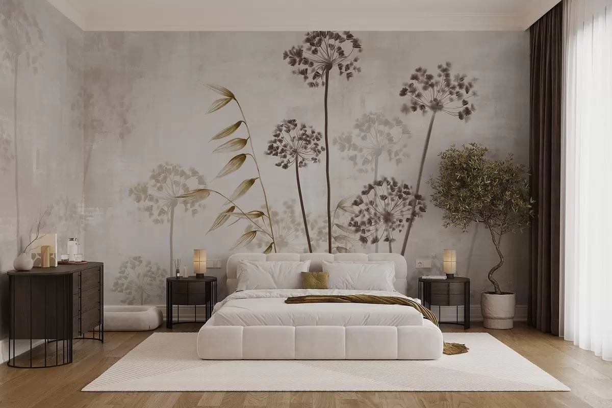 wall murals Dried flowers drawing with long stems, monochrome palette, against a textured, light beige background, botanical illustration w09314v1