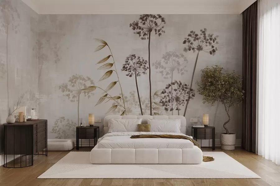 wall murals Dried flowers drawing with long stems, monochrome palette, against a textured, light beige background, botanical illustration w09314v1
