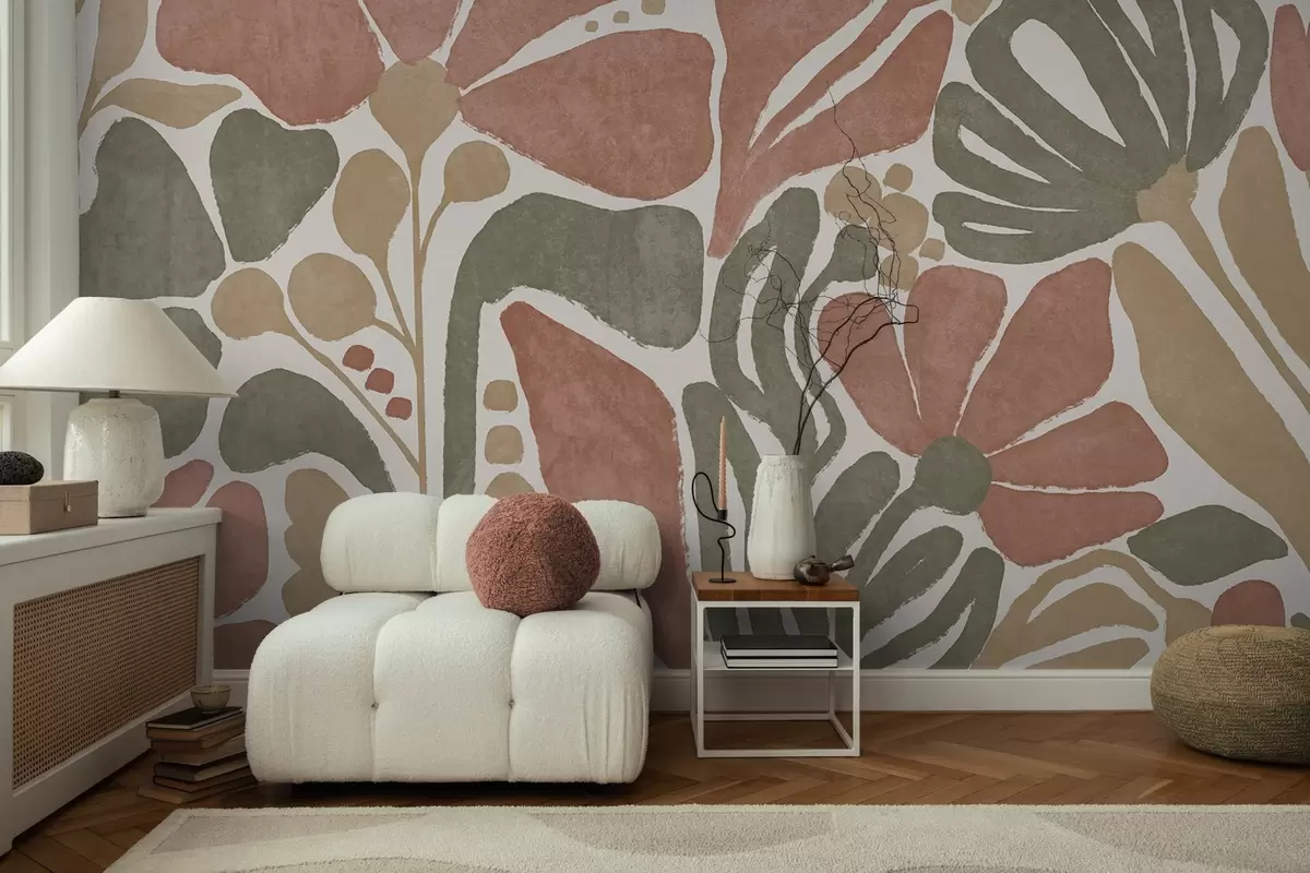 wall murals Abstract flowers in shades of red, green , and beige, with a light background, in a flat , stylized modern minimalist design w09315