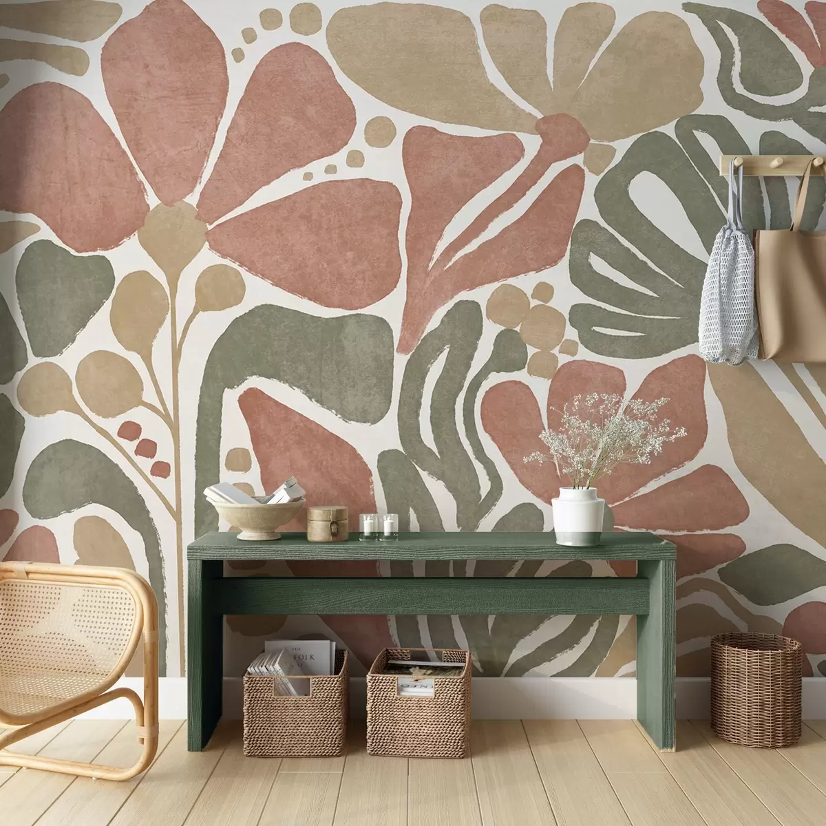 wall murals Abstract flowers in shades of red, green , and beige, with a light background, in a flat , stylized modern minimalist design w09315