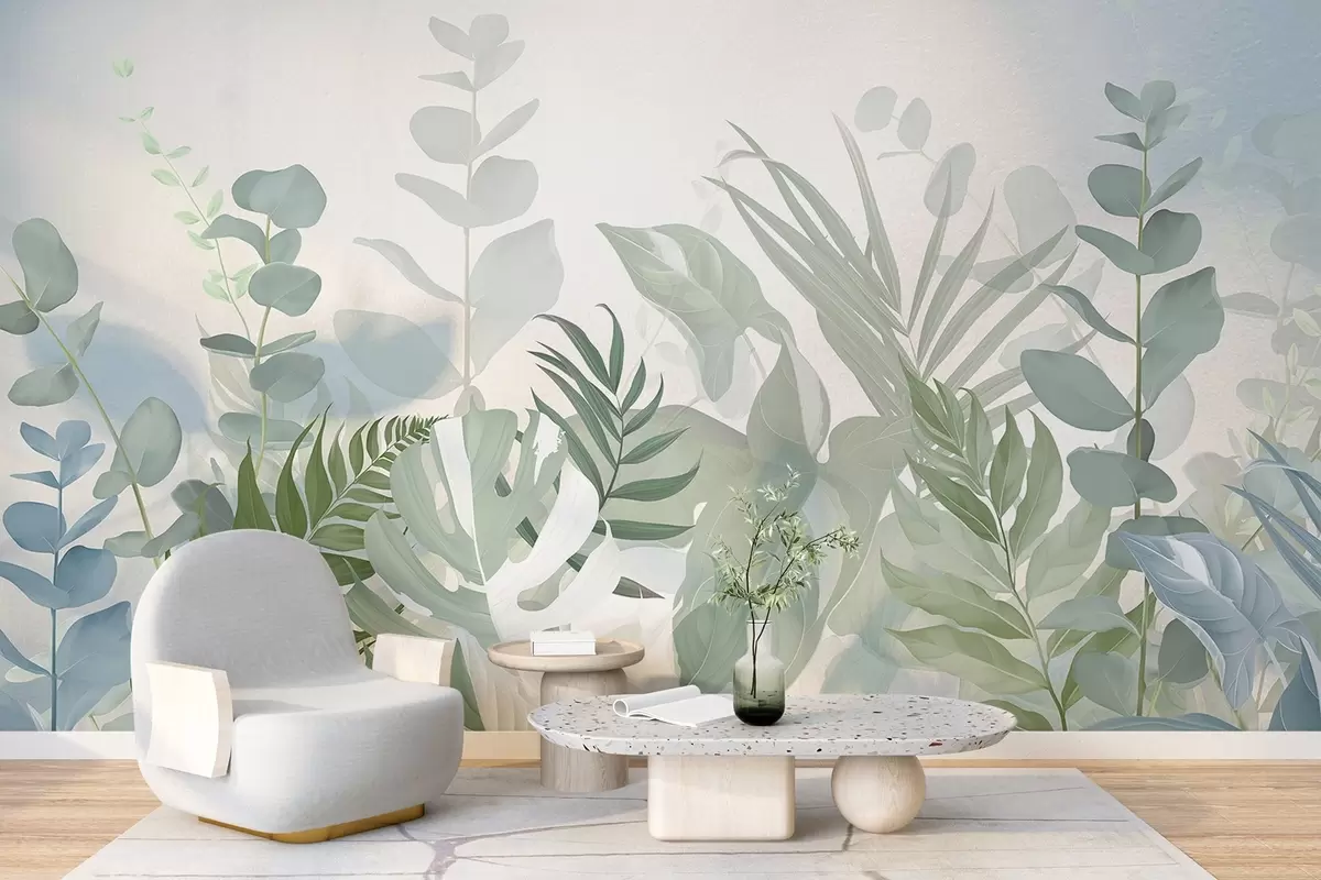 wall murals Pastel green plants ferns, monstera and eucalyptus, light textured background, soft lighting, peaceful , botanical illustration w09316