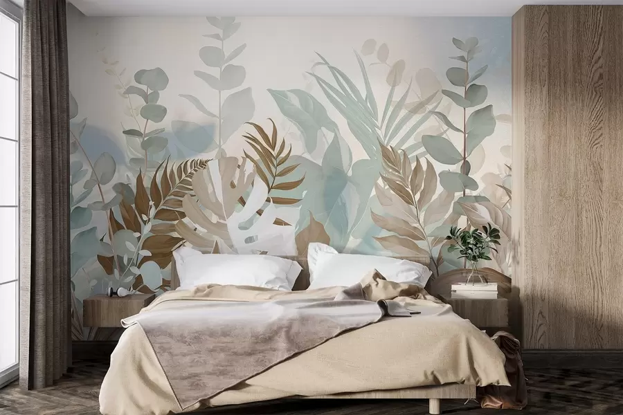 wall murals Pastel plants ferns, monstera and eucalyptus, light textured background, soft lighting, peaceful , botanical illustration w09316v1