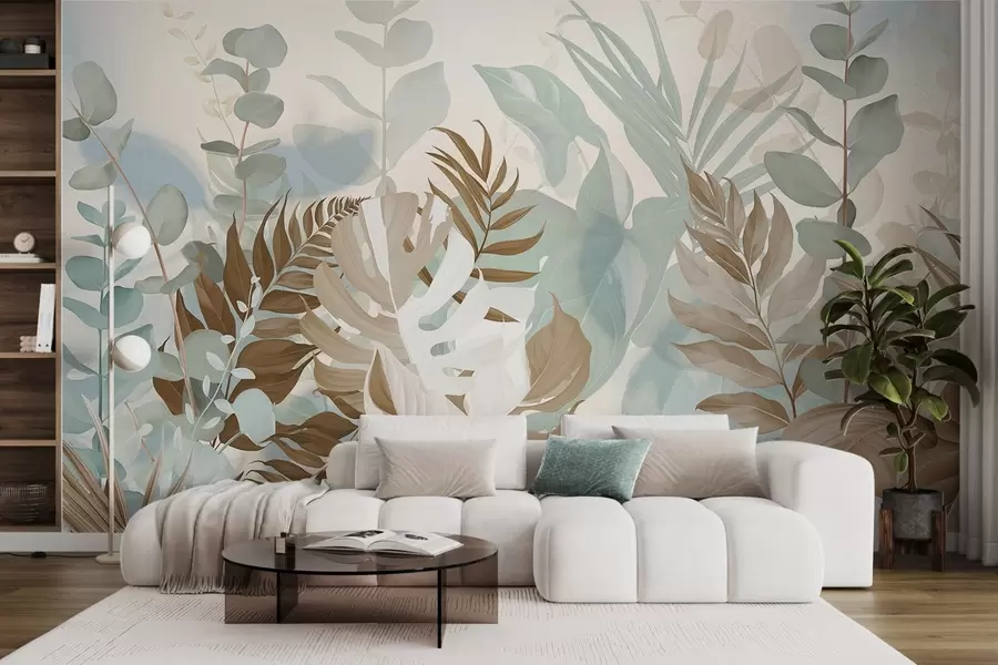 wall murals Pastel plants ferns, monstera and eucalyptus, light textured background, soft lighting, peaceful , botanical illustration w09316v1