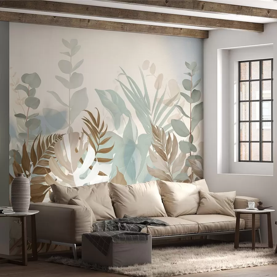 wall murals Pastel plants ferns, monstera and eucalyptus, light textured background, soft lighting, peaceful , botanical illustration w09316v1