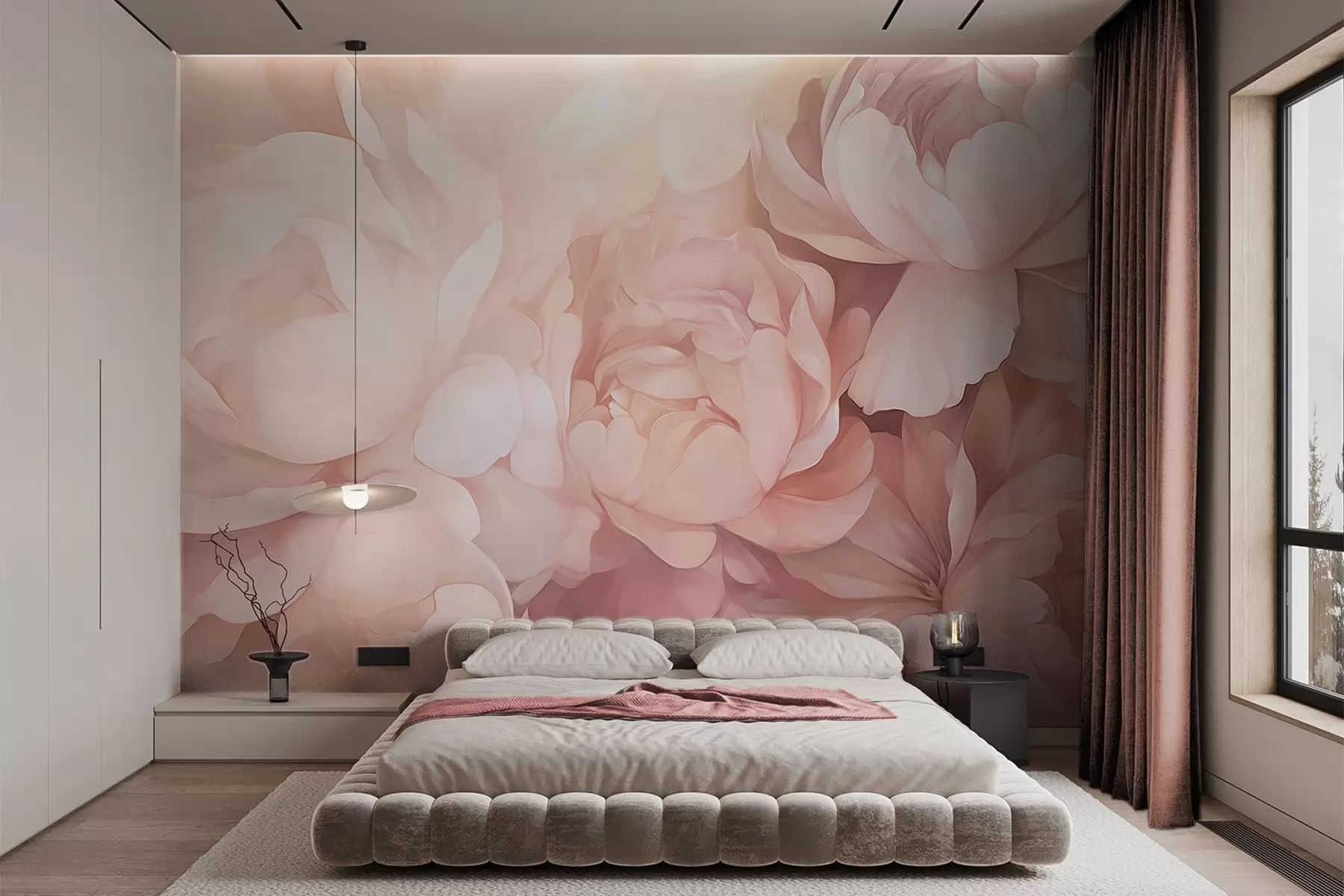 wall murals Light pastel pink peonies with soft, textured delicate petals, arranged closely together, creating a dense floral art, soft lighting w09319