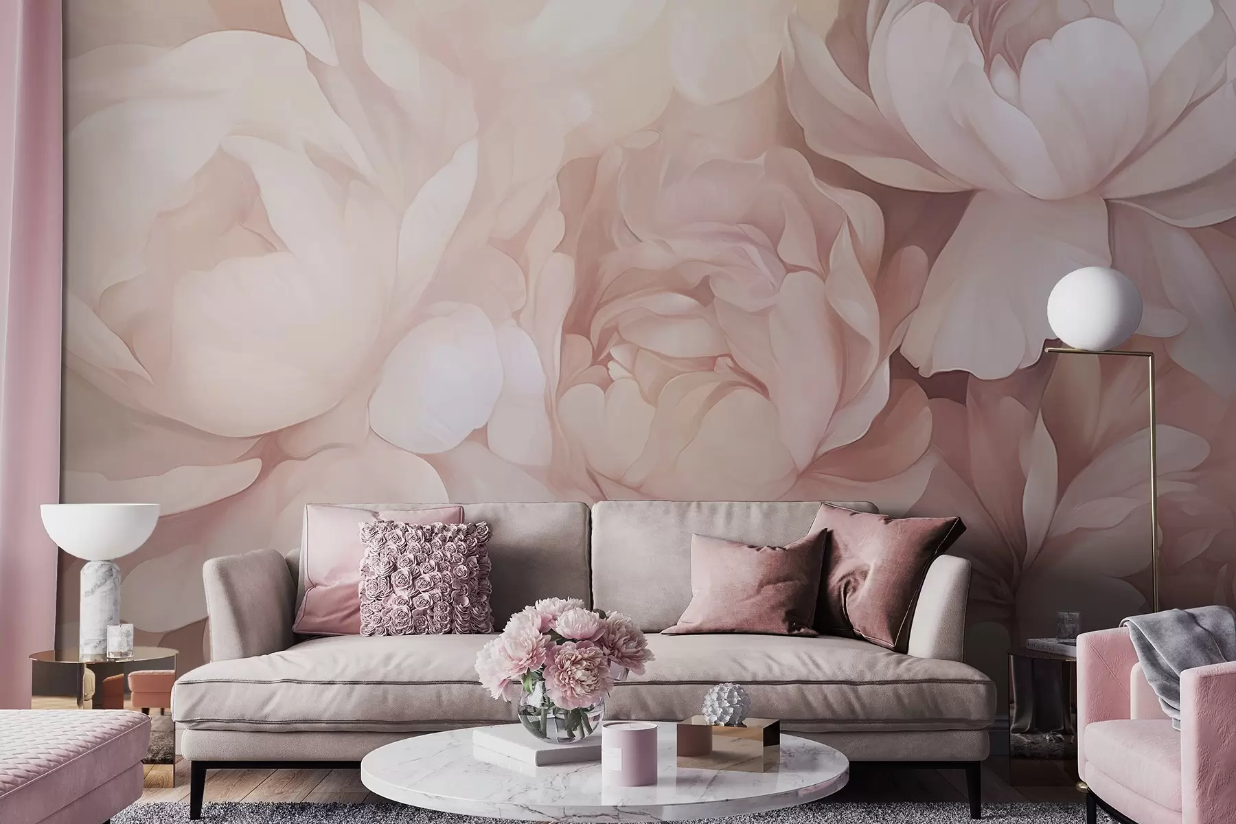 wall murals Light pastel pink peonies with soft, textured delicate petals, arranged closely together, creating a dense floral art, soft lighting w09319