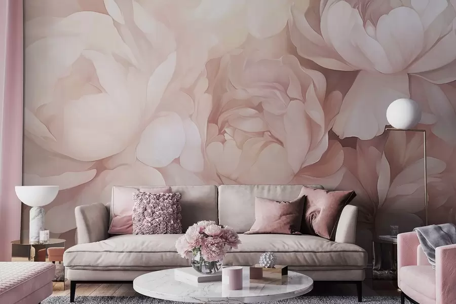 wall murals Light pastel pink peonies with soft, textured delicate petals, arranged closely together, creating a dense floral art, soft lighting w09319