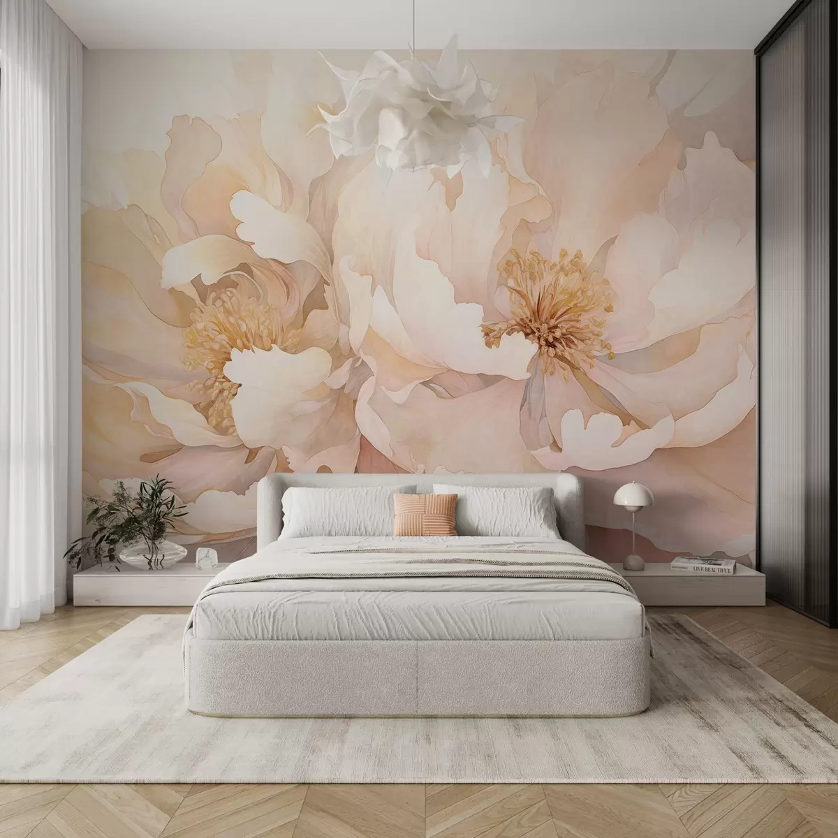 wall murals Peony textured flowers with delicate petals in shades of cream  peach, and light pink with a soft, watercolor-like texture w09321