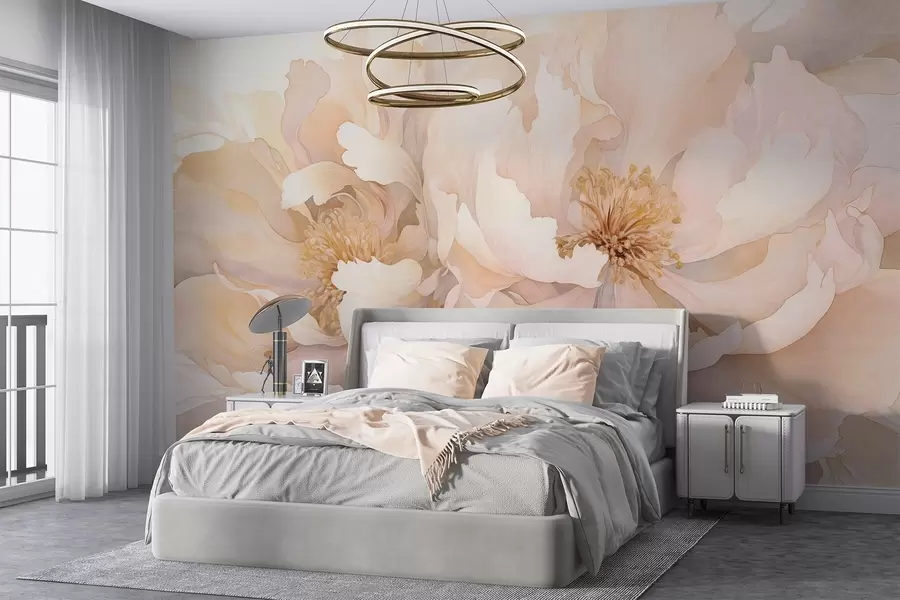 wall murals Peony textured flowers with delicate petals in shades of cream  peach, and light pink with a soft, watercolor-like texture w09321