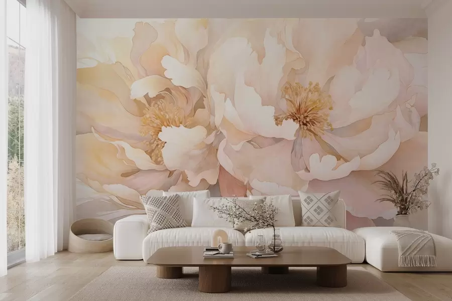 wall murals Peony textured flowers with delicate petals in shades of cream  peach, and light pink with a soft, watercolor-like texture w09321