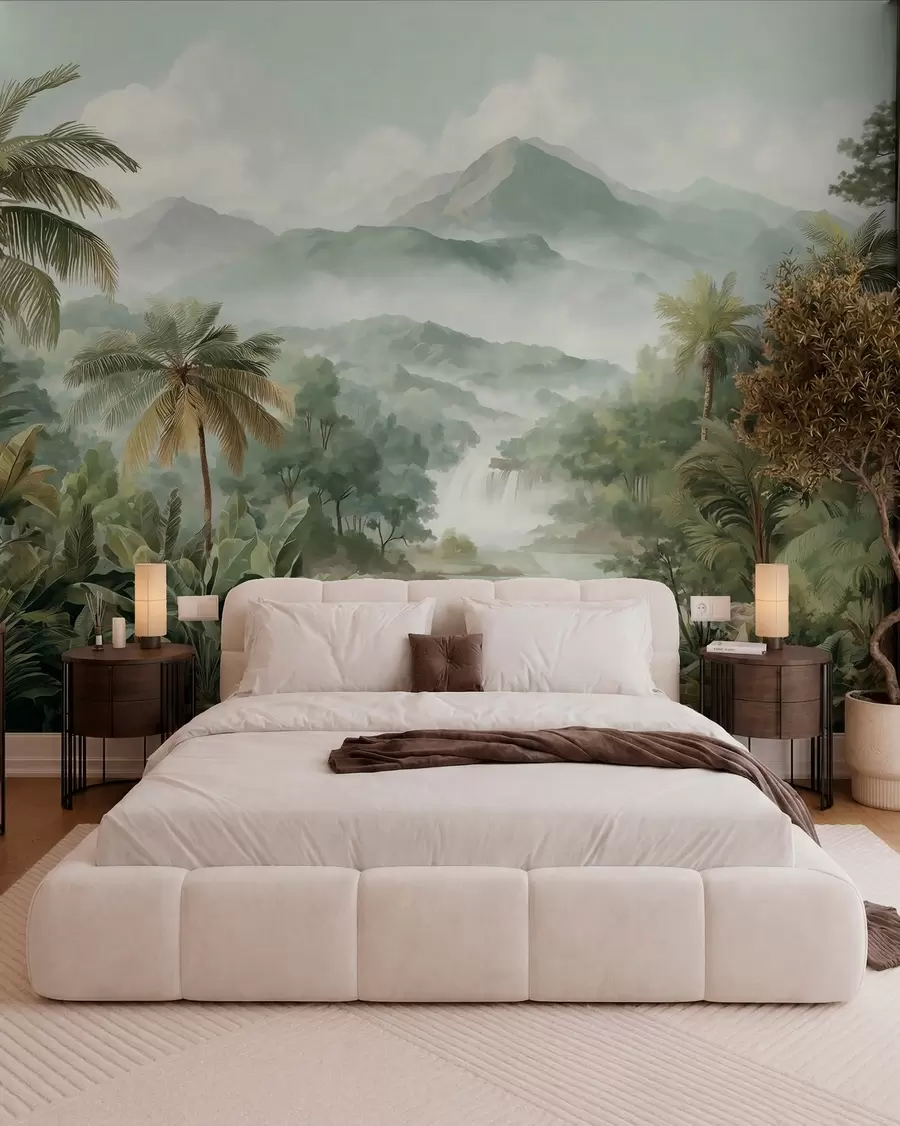 wall murals tropical jungle with waterfall w04306