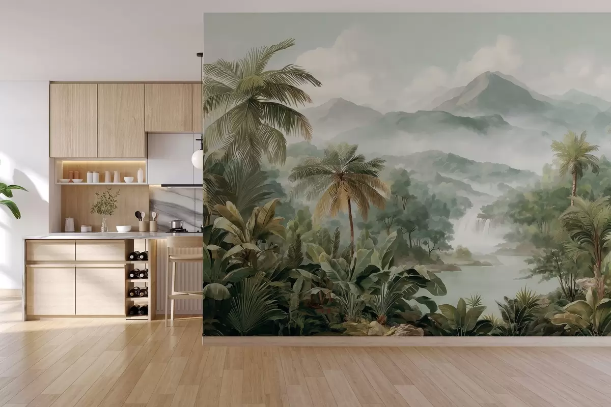 wall murals tropical jungle with waterfall w04306