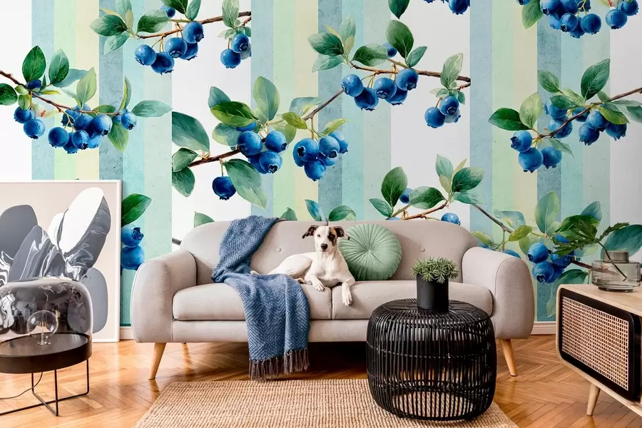 wall murals blueberry clusters on a striped background w04307