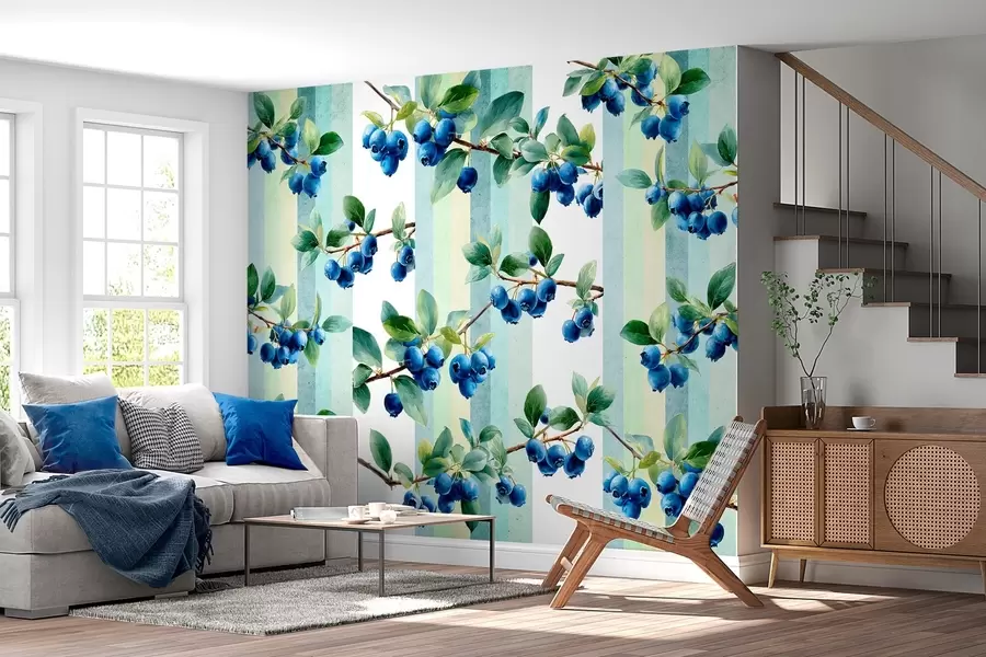 wall murals blueberry clusters on a striped background w04307