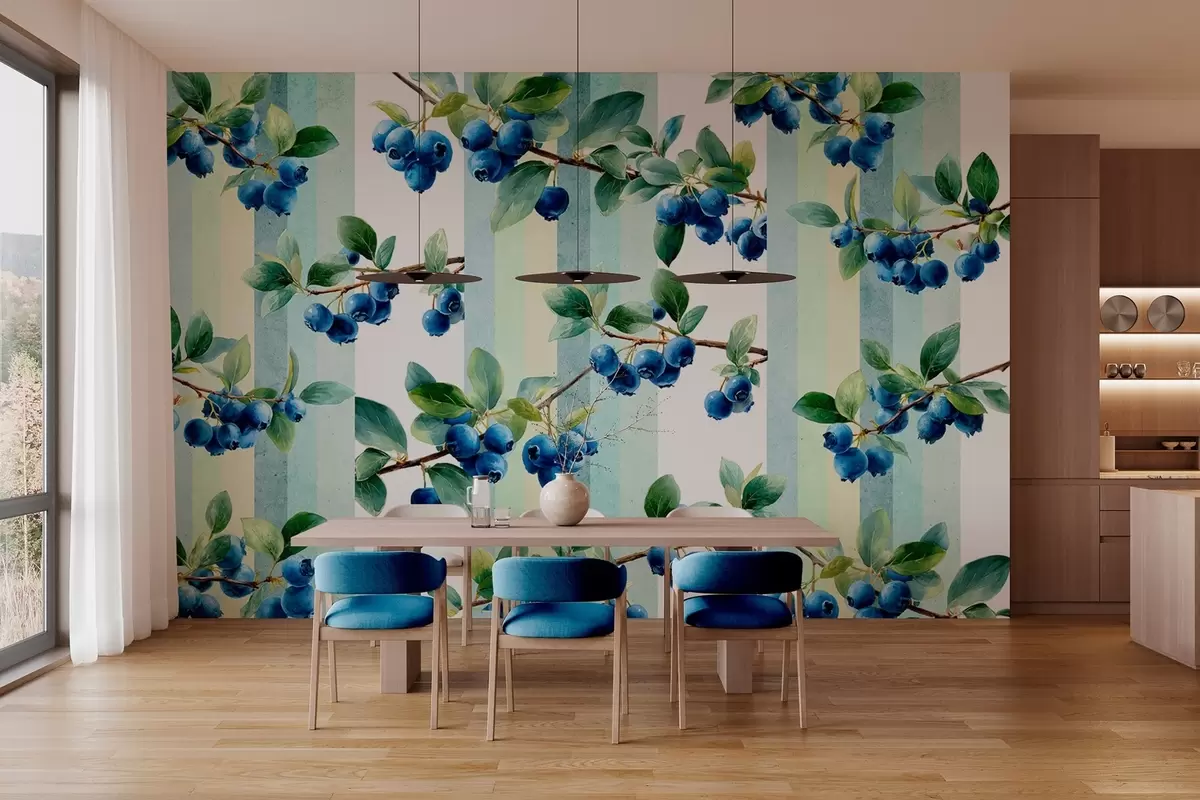 wall murals blueberry clusters on a striped background w04307