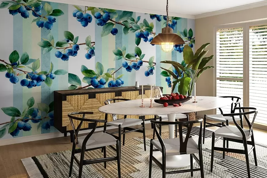 wall murals blueberry clusters on a striped background w04307