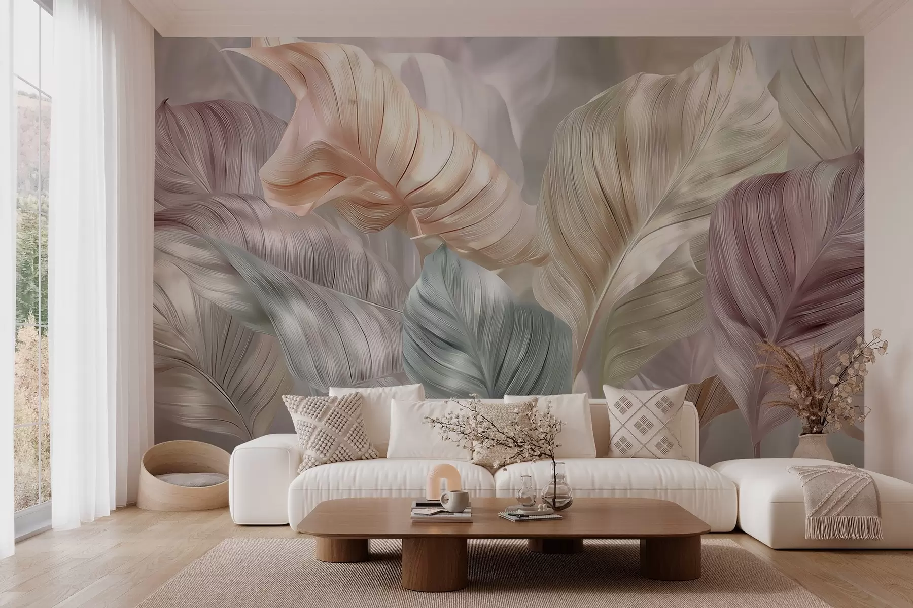wall murals large pearl-style leaves w04308