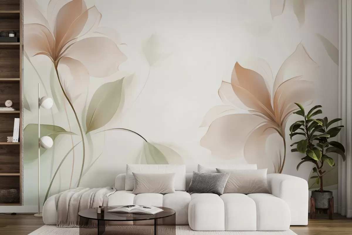 wall murals Transparent flowers in warm beige and pink tones w04397