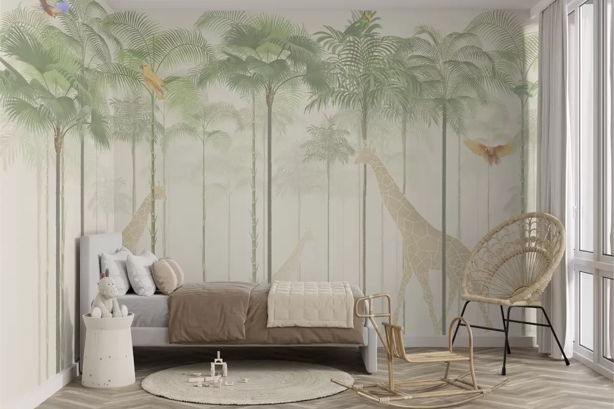 wall murals Giraffes and tropical birds among tall palm trees w04400
