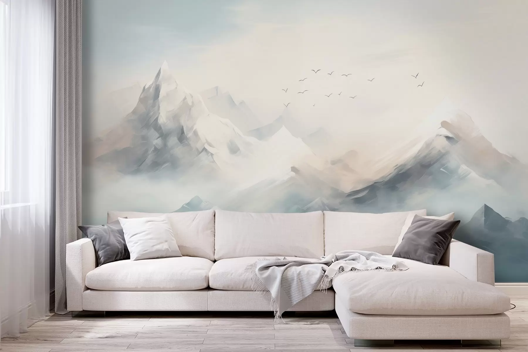 wall murals Snow-covered mountain peaks in morning mist with soaring birds w09326