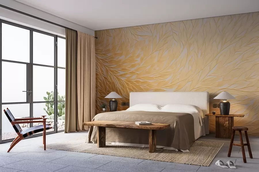 wall murals Embossed leaf pattern in warm honey-yellow tones w09325
