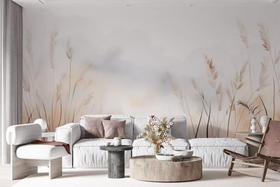 wall murals Grain ears in mist in soft beige and brown shades w09327