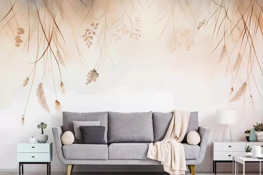 wall murals Drooping cattails and grain ears in mist in soft beige and brown shades w09328