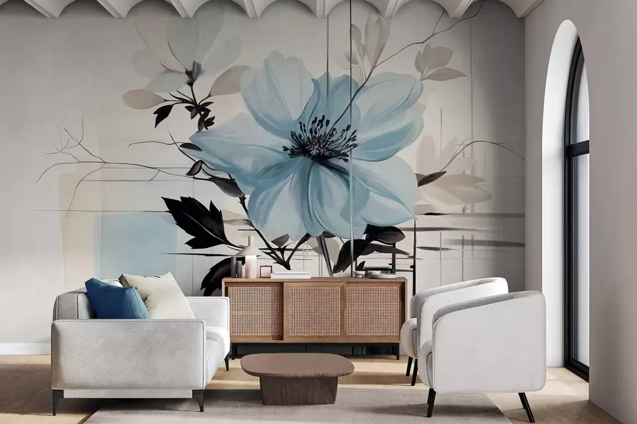 wall murals Abstract textured blue flower with dark leaves and branches, geometric minimalistic shapes and lines in muted colors w09332
