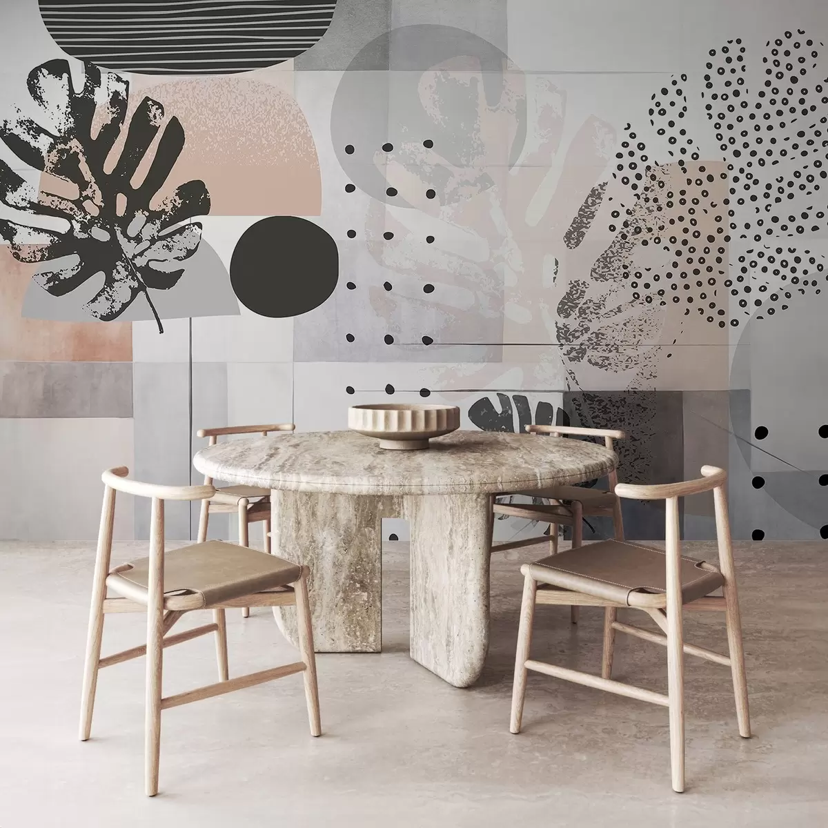 wall murals Abstract print with geometric shapes and monstera tropical leaves, circles, dots and lines, modern and minimalist design w09333