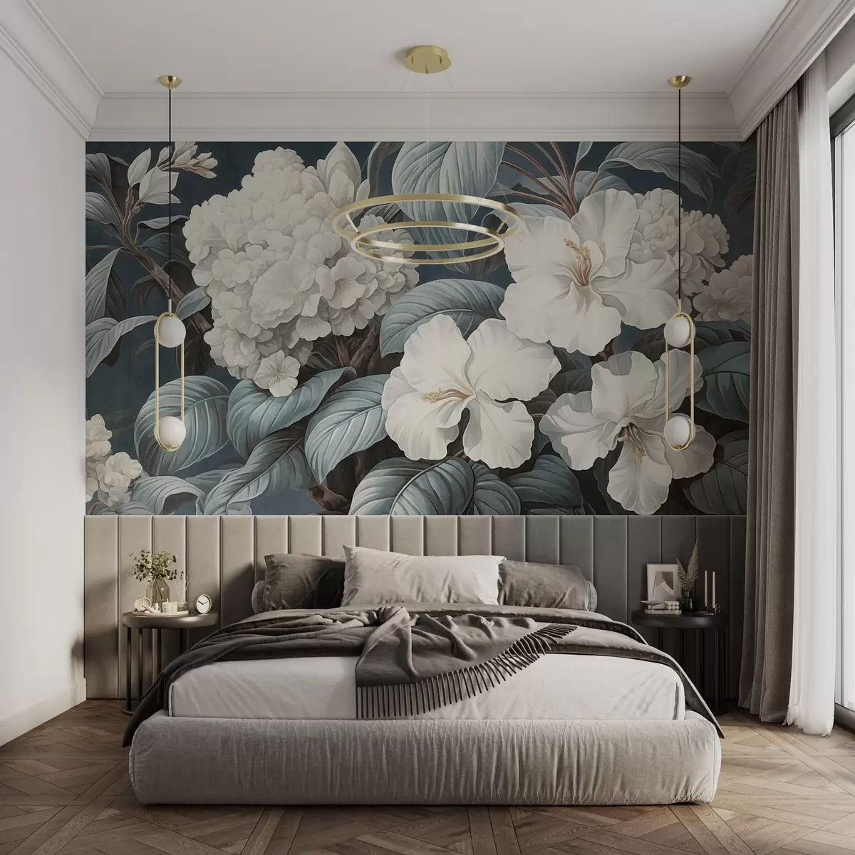 wall murals White tropical flowers with delicate petals and leaves in a dark blue background, vintage textured style, botanical illustration w09334