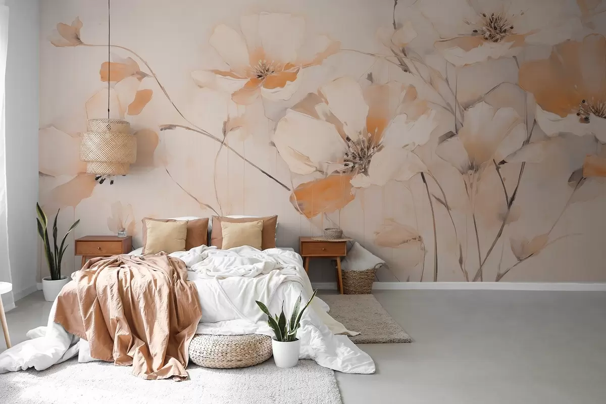 wall murals White and orange textured flowers with long stems, light background, soft colors, elegant composition, delicate brushstrokes w09335