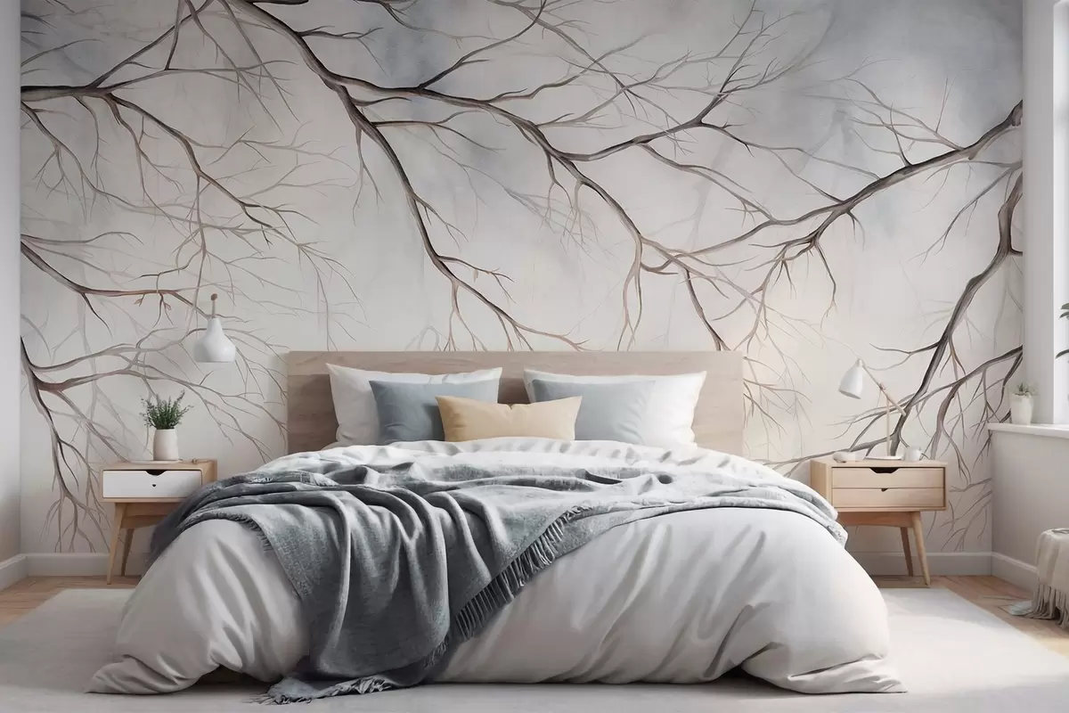 wall murals Tree branches with a watercolor textured effect , intricate details, soft color palette, against a light background w09337