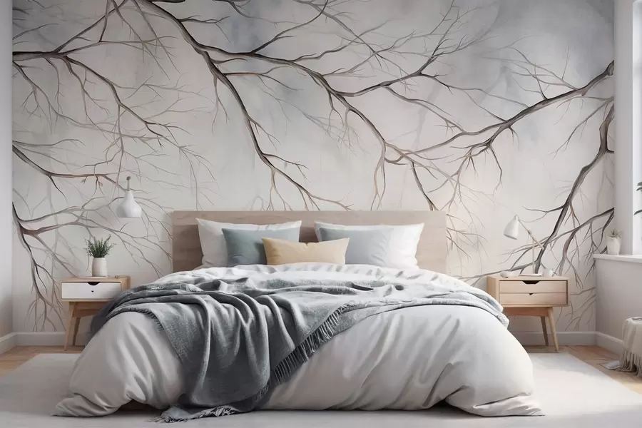 wall murals Tree branches with a watercolor textured effect , intricate details, soft color palette, against a light background w09337
