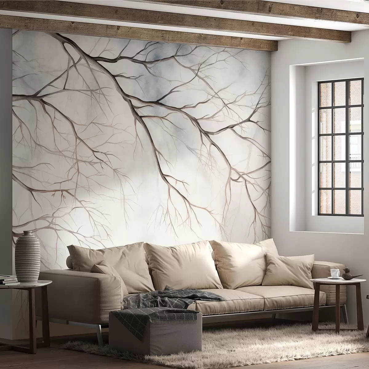 wall murals Tree branches with a watercolor textured effect , intricate details, soft color palette, against a light background w09337