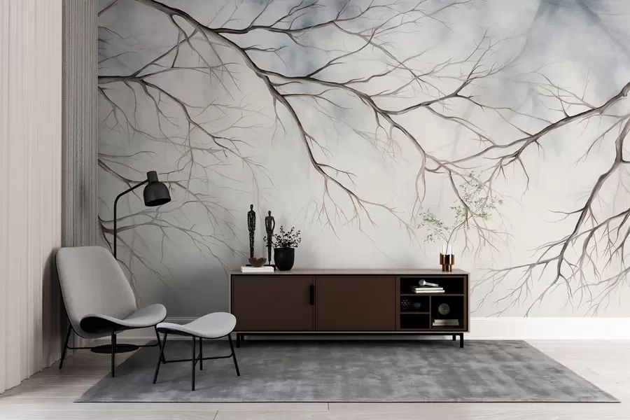 wall murals Tree branches with a watercolor textured effect , intricate details, soft color palette, against a light background w09337