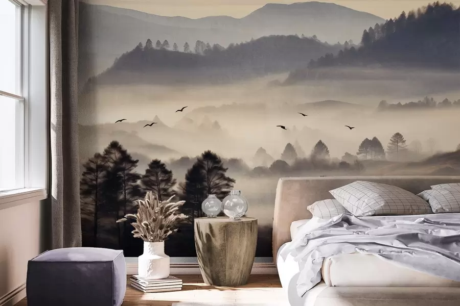 wall murals Textured mountain landscape with layers of fog, silhouetted trees in the foreground, distant mountain range, soft lighting w09338