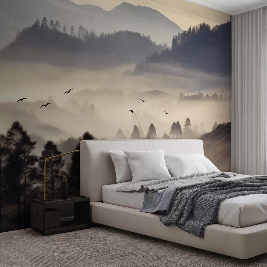wall murals Textured mountain landscape with layers of fog, silhouetted trees in the foreground, distant mountain range, soft lighting w09338