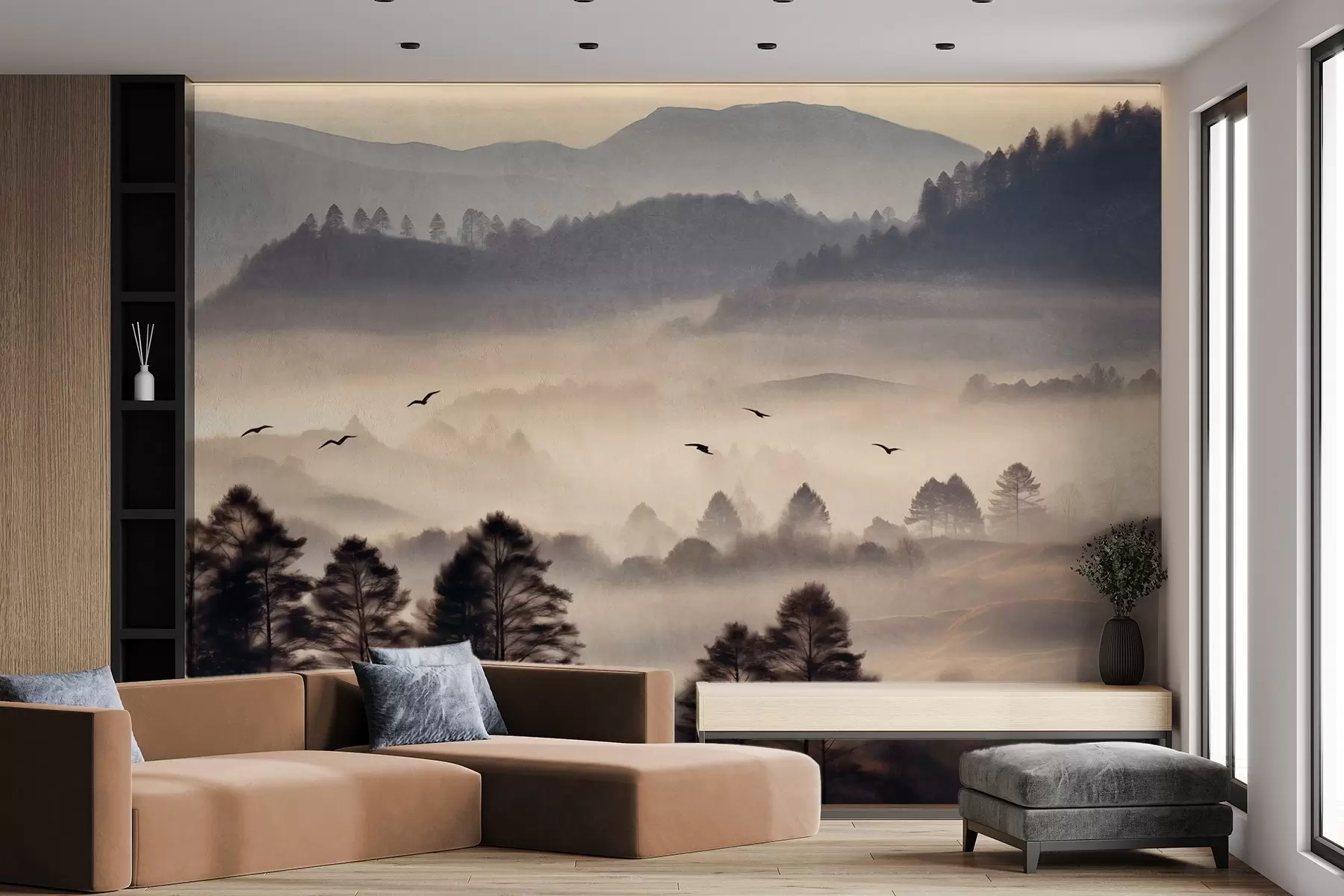 wall murals Textured mountain landscape with layers of fog, silhouetted trees in the foreground, distant mountain range, soft lighting w09338