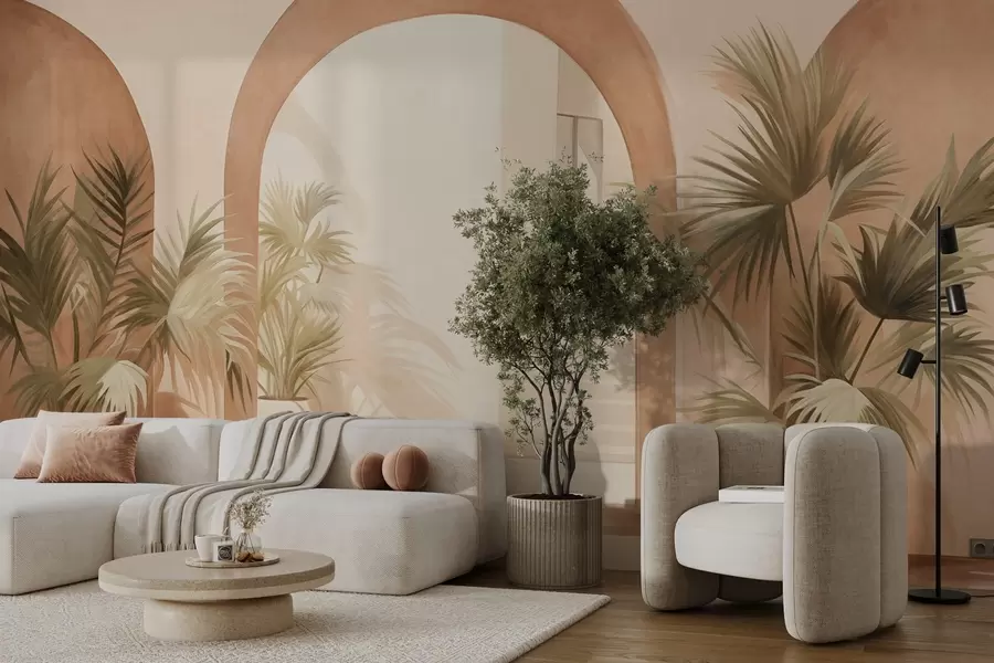 wall murals Textured arches with potted plants, light beige color palette, minimalist design, staircase in the background w09339