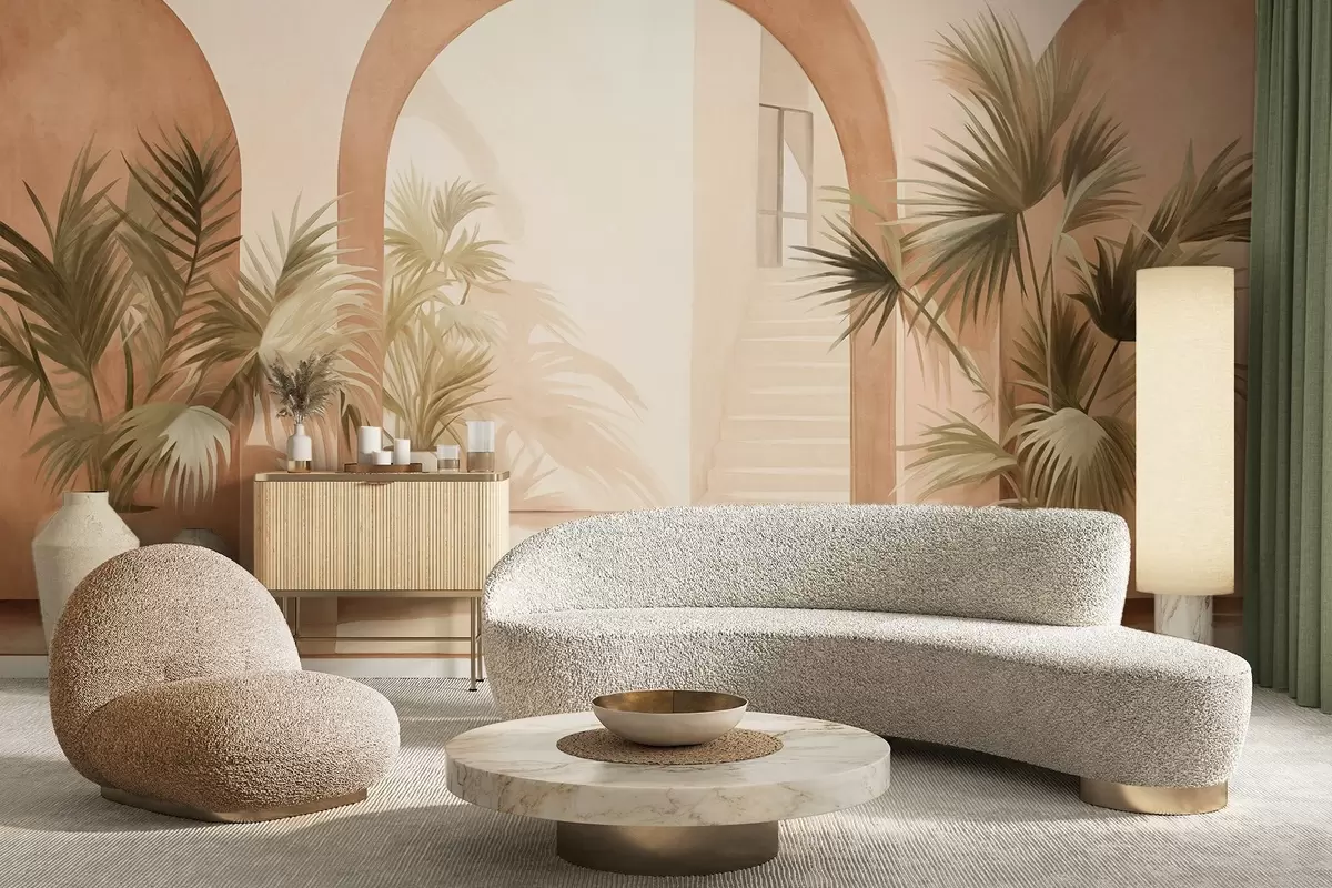 wall murals Textured arches with potted plants, light beige color palette, minimalist design, staircase in the background w09339